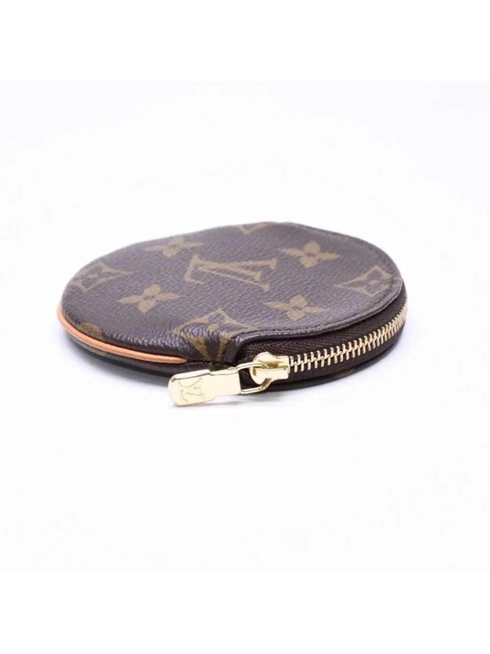 Louis Vuitton Porte Monnaie Rond Coin Purse Monogram Canvas Brown Case Gold